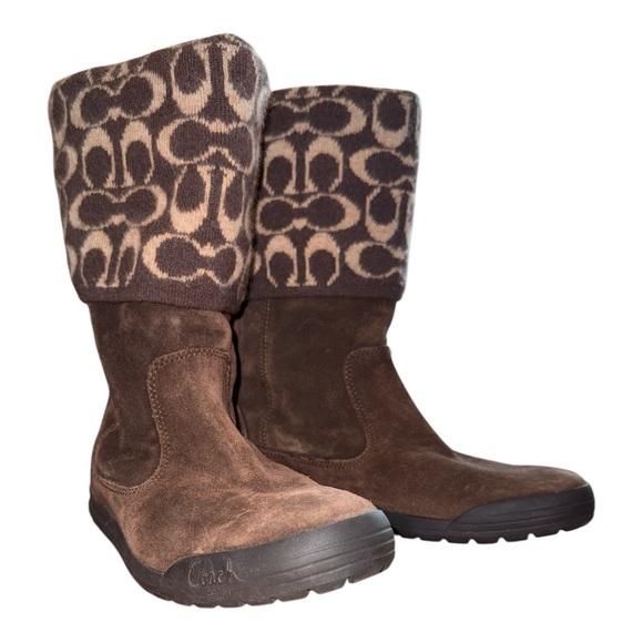 Coach Brown Winter Boots with Suede and Monogram Print - Picture 1 of 9